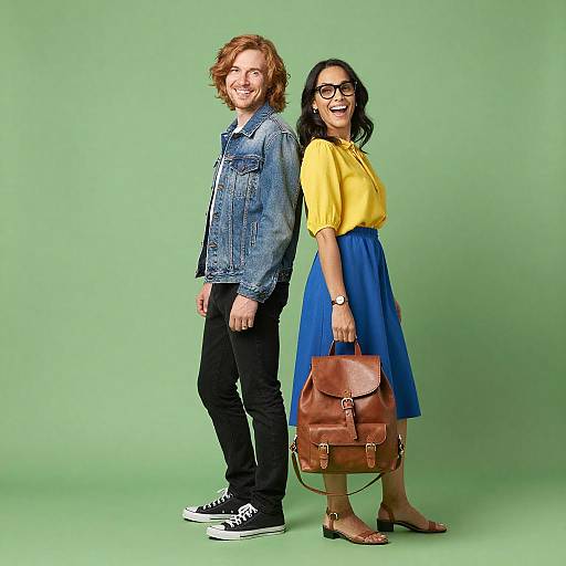 Photograph of a smiling red-haired woman in a denim jacket and black jeans, standing back-to-back with a smiling dark-haired woman in a yellow blouse