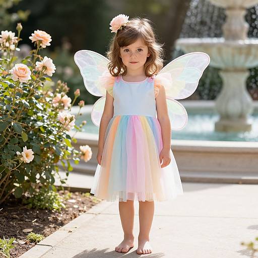 Photograph of a young girl with fair skin, brown hair, wearing a white sleeveless top and pastel rainbow skirt, fairy wings, and flower