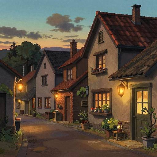 Digital painting of a quaint, dusk-lit village street with charming, rustic houses, warm yellow lanterns, potted plants, and a serene sky