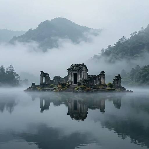 Misty photograph of ancient, moss-covered ruins on a calm lake, reflecting the structure, with fog-covered mountains in the background.