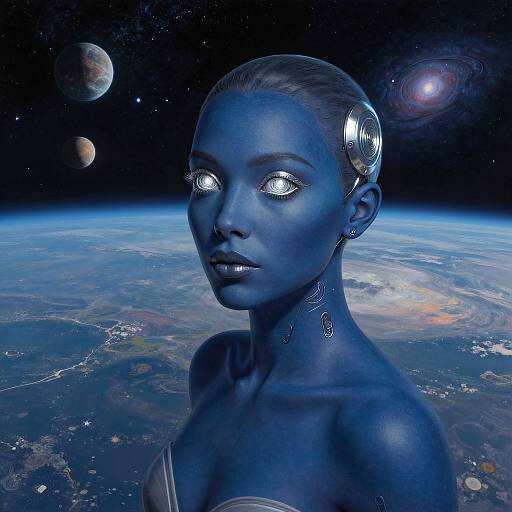 Digital art of a blue-skinned, glowing-eyed alien woman with metallic earpiece, set against a cosmic background of Earth, planets, and galaxies.
