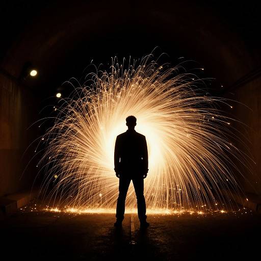 Silhouetted man standing in front of a bright, fiery explosion of sparks, creating a dramatic contrast against the dark night. Photograph.