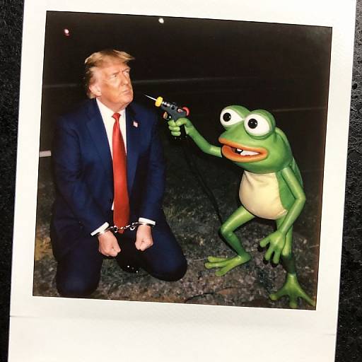 Photograph of Donald Trump in a dark suit and red tie, kneeling, with a green frog puppet pointing a toy gun at him, against a dark