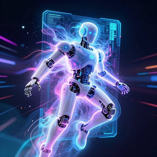 Neon-blue, glowing, futuristic humanoid robot with transparent, ethereal, purple and pink light trails, floating against a digital, grid-patterned background