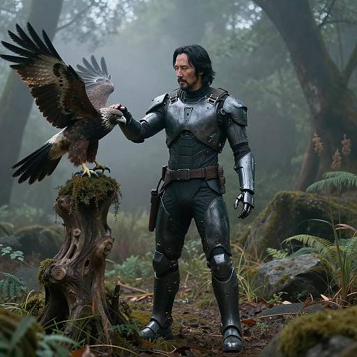 Photorealistic CGI of a bearded man in medieval armor standing in a misty forest, gently touching a large eagle perched on a moss-covered