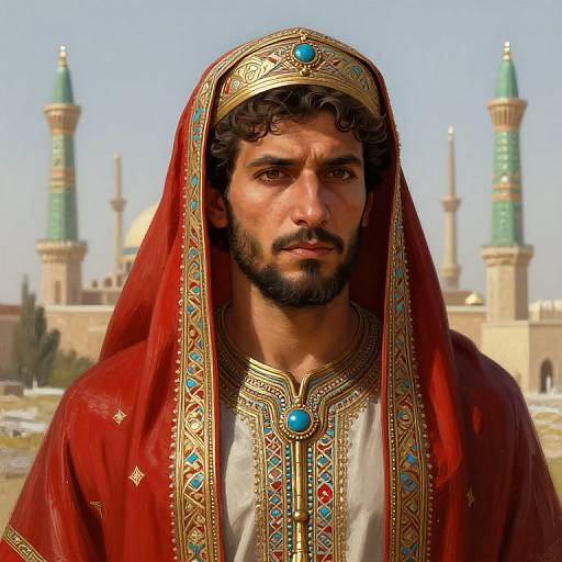 Photograph of a Middle Eastern man with curly black hair and beard, wearing a detailed red robe and gold headpiece, standing in front of a mosque
