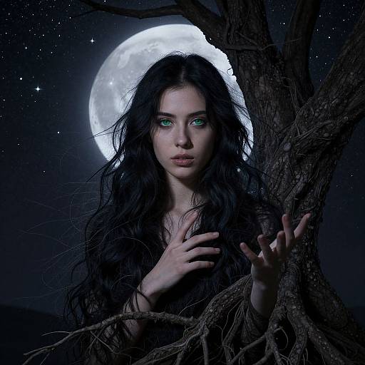 Photograph-style digital art: A pale, green-eyed woman with long black hair stands in a dark forest, hands on tree bark, moonlit background