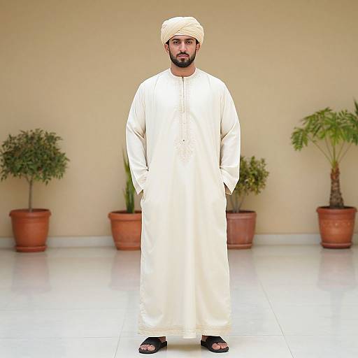 Photograph of a bearded Middle Eastern man in white traditional dishdasha, white turban, black sandals, standing in front of beige wall with