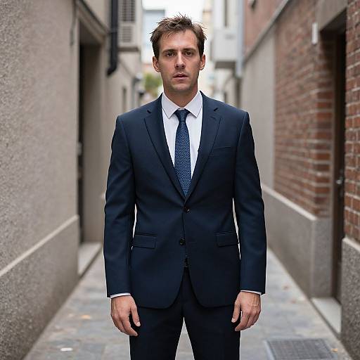 Photograph of a serious-looking Caucasian man in a black suit, white shirt, and blue tie standing in a narrow urban alleyway with brick and concrete