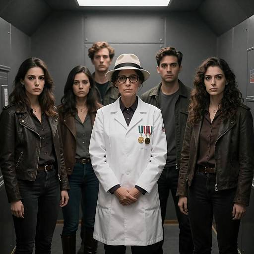 Group in Metallic Room with Central Woman in White Coat