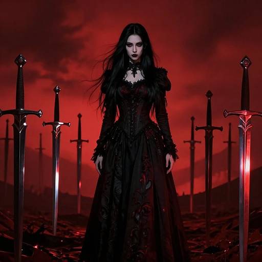 Dark-haired woman in black gothic dress stands amidst six glowing red swords against a blood-red sky. Digital art.