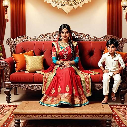 Photograph of an Indian woman in a red saree with gold embroidery, turquoise blouse, and a young boy in white, sitting on an ornate