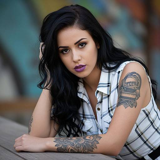 Photograph of a young woman with long black hair, purple lipstick, and tattoos, wearing a white plaid shirt, leaning forward on a wooden surface