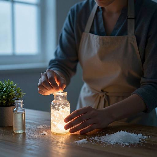 Photograph of a person in a beige apron, hands glowing from holding a lit jar on a wooden table, with salt and small plant in background