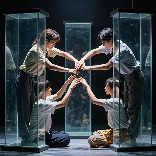 Photograph of four Asian individuals in white shirts and black pants, reaching hands through glass boxes, forming a square shape. Bright, focused lighting. Dark