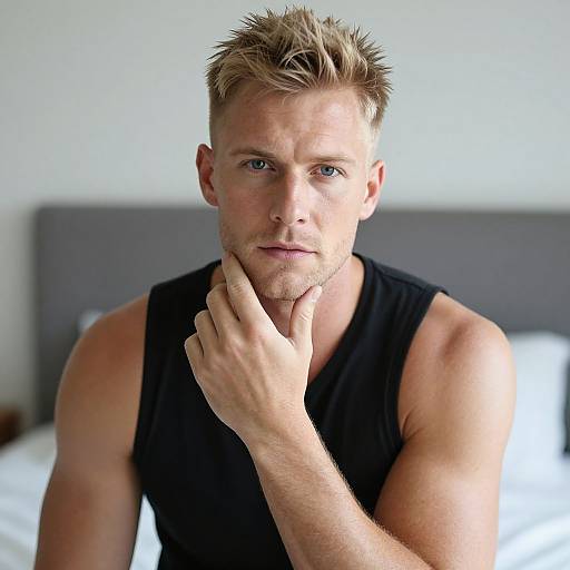 Photograph of a handsome, muscular man with short, spiked blonde hair, blue eyes, and fair skin, wearing a black tank top, touching his