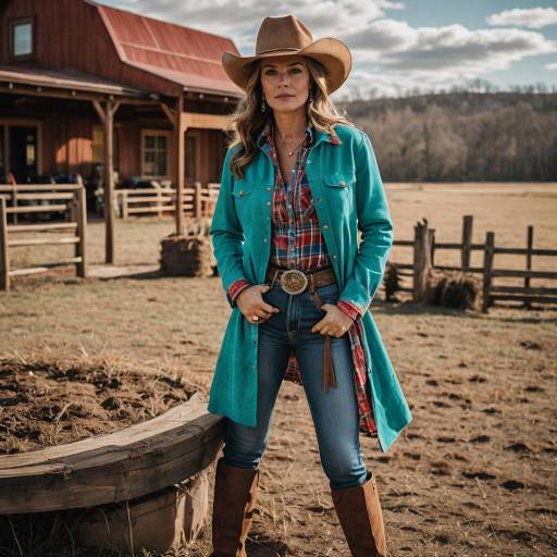 Woman in Western Cowgirl Outfit on Farm