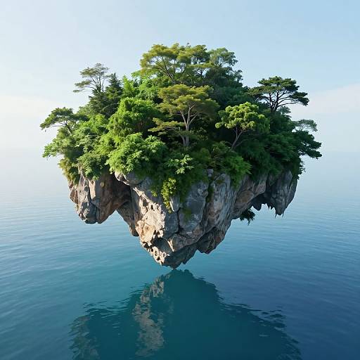 Photorealistic CGI of a lush, tree-covered floating rock island with jagged cliffs, reflected in calm, blue ocean water.