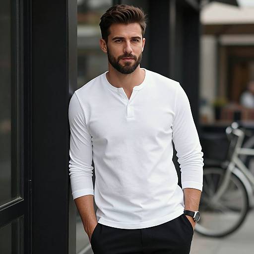 Photograph of a handsome, bearded man with dark hair, wearing a white long-sleeve Henley shirt and black pants, standing by a