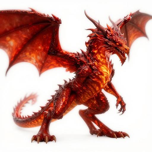 Digital drawing of a fierce, red, fiery dragon with glowing embers, sharp claws, and large, bat-like wings, against a white background.