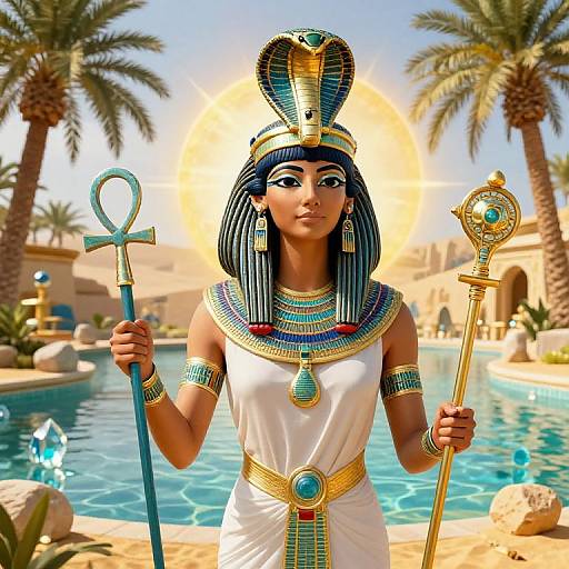 Digital artwork of an Egyptian goddess with dark blue hair, white dress, ornate headdress, holding an ankh and staff, standing by a palm
