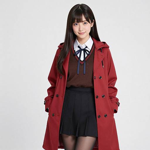 Photograph of an Asian woman with long black hair, wearing a red coat, black skirt, white shirt, and black ribbon tie, standing against a