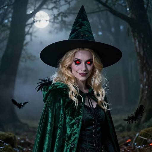 Photograph of a blonde witch with glowing red eyes, green velvet cape, black dress, and wide-brimmed hat in a moonlit, fog