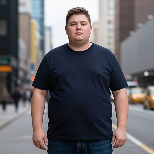 Photograph of a plus-sized man with short brown hair, wearing a black t-shirt and blue jeans, standing in a city street with blurred buildings and