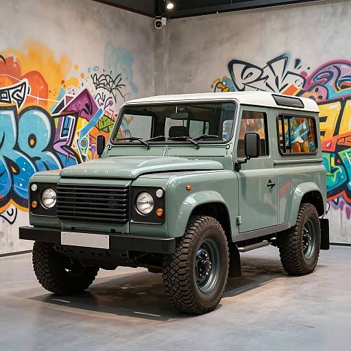 Photograph of a mint-green, vintage off-road truck with large black tires, parked in a graffiti-decorated, concrete-walled indoor space.