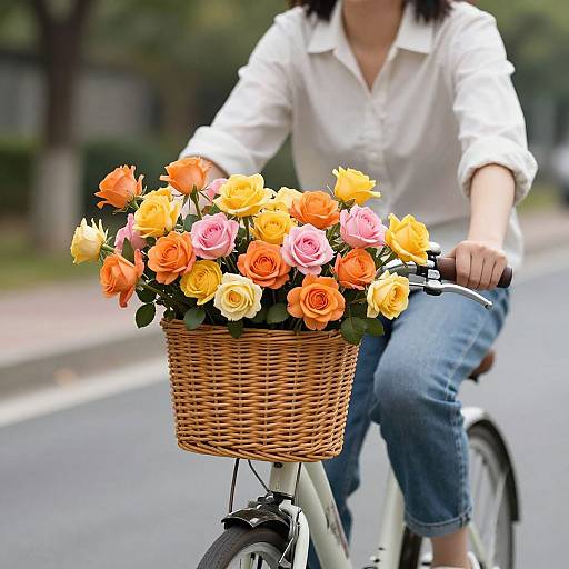 Photograph of a woman in white blouse and blue jeans, riding a bike with a wicker basket filled with orange and pink roses, blurred urban background