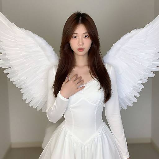Digital artwork of an Asian woman with long black hair, wearing a white angelic dress and large white feather wings, standing in a plain, gray background