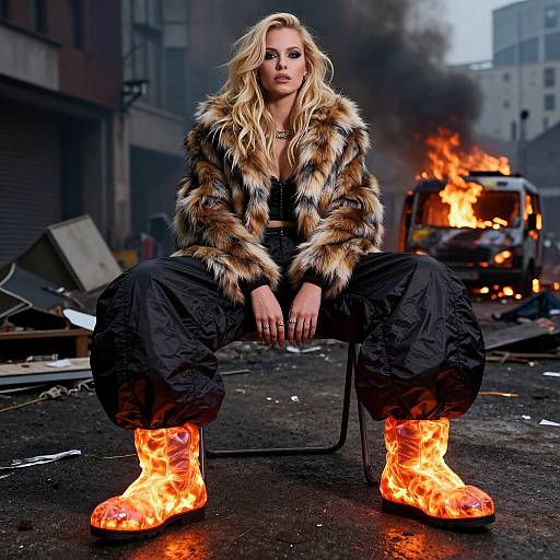 Photograph of a blonde woman in a fur coat, black baggy pants, and glowing orange fire boots, squatting amid urban chaos with burning truck