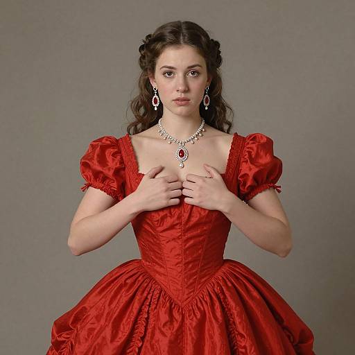 Photograph of a young woman with fair skin and dark brown hair, wearing a red, puffed-sleeve, Victorian-style dress with a cor