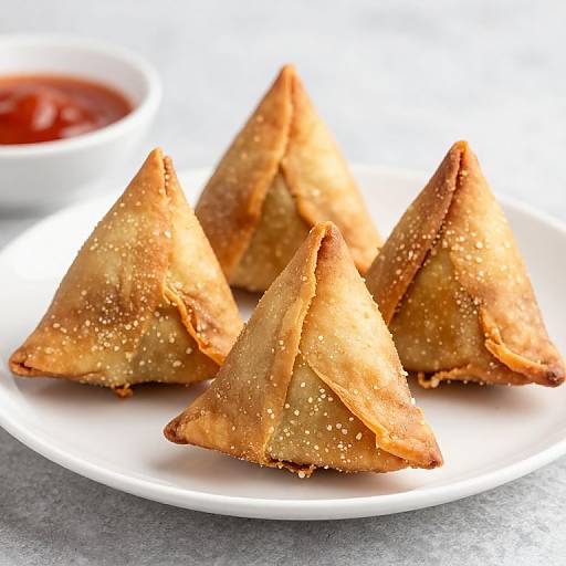 Photograph of five golden-brown, triangular samosas sprinkled with sesame seeds, on a white plate, with a small bowl of red chut