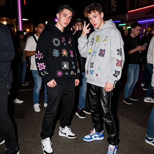 Photograph of two young men at night in a crowded urban street, one flashing a peace sign, both wearing colorful graphic hoodies and sneakers, surrounded