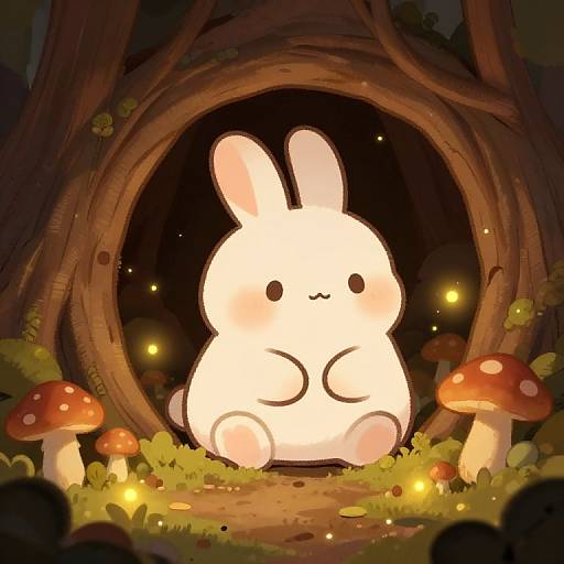 Whimsical digital drawing of a glowing white bunny with black eyes and a cute wavy mouth, sitting in a hollow tree surrounded by glowing mushrooms and