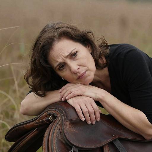 Worried Woman on Leather Saddle in Grass