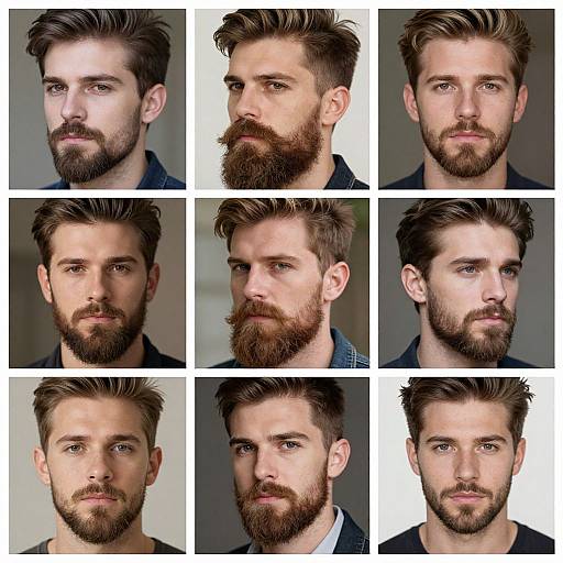 Photograph collage of nine white men with varying brown hair and beards, neutral expressions, wearing dark shirts, against gray background.