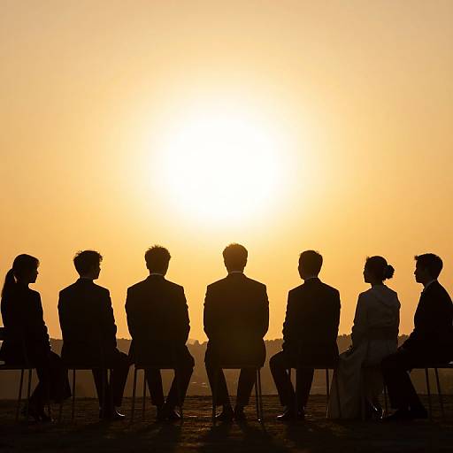 Silhouetted group of seven business professionals sitting in a row against a bright, orange sunset, creating a dramatic, backlit effect.