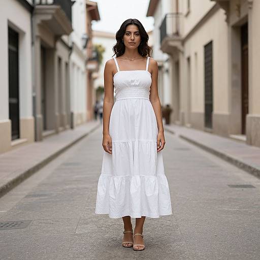 Photograph of a dark-haired woman in a white sundress and sandals, standing in a narrow, sunlit, European street.