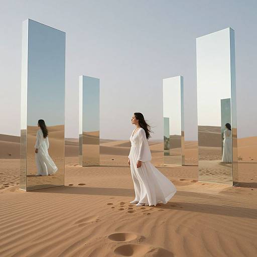 Photograph of a woman in white flowing robe, standing in desert with multiple reflective glass panels, reflecting her image.