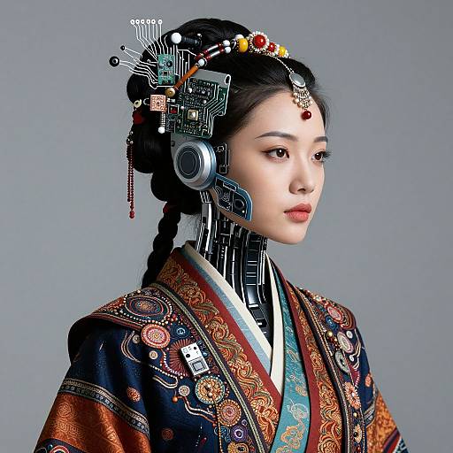 Digital artwork of an Asian woman in traditional attire, featuring intricate cybernetic headgear with gears and wires, against a gray background.
