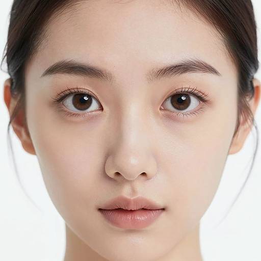Close-up photograph of an East Asian woman with fair skin, dark brown eyes, and black hair pulled back, against a white background.