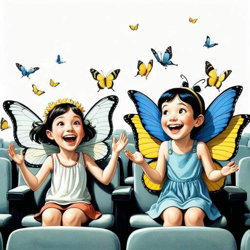 Two Fairy Girls with Butterfly Wings Sitting in Movie Theater