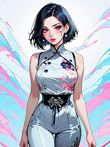 Chic Asian Woman in Geometric Jumpsuit