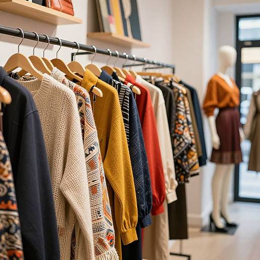 Photograph of a brightly lit clothing store display with colorful knit sweaters, patterned shirts, and a mannequin in the background.