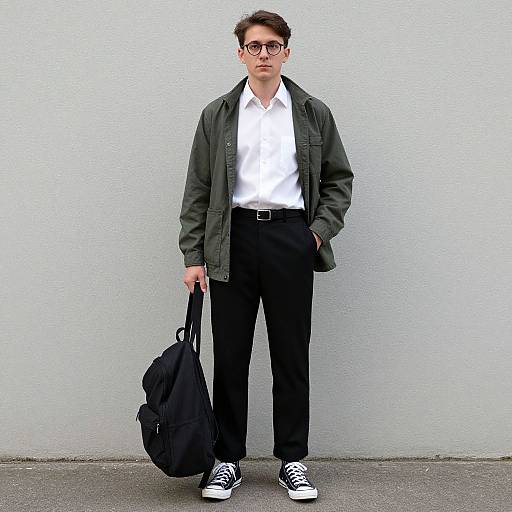 Photograph of a young man with short dark hair, glasses, green jacket, white shirt, black pants, and black-and-white sneakers, holding a