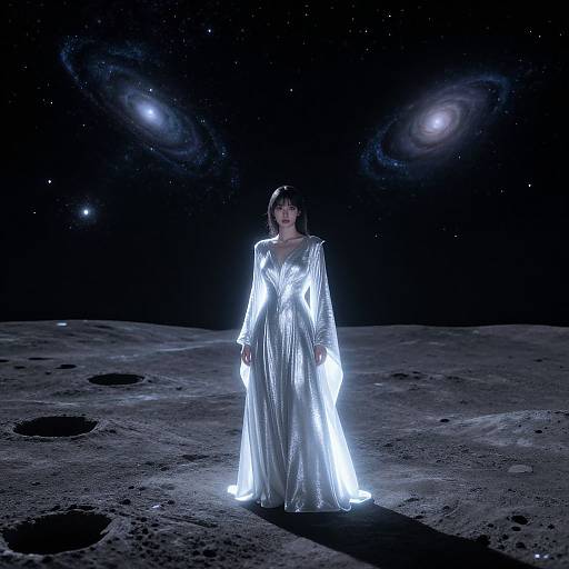 Photograph of a woman in a glowing, silver, long-sleeve gown standing on a dark, moon-like surface with two bright galaxies in the