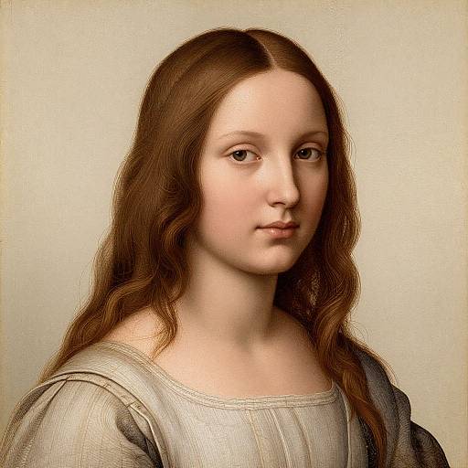 Photograph-style digital artwork of a young woman with long, wavy brown hair, fair skin, and a neutral expression, wearing a light gray,
