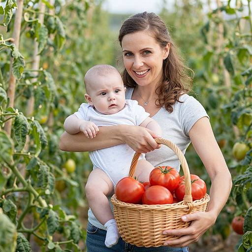 Photograph of smiling woman with brown hair, white shirt, holding baby in white shirt, and basket of ripe red tomatoes in a tomato field.
